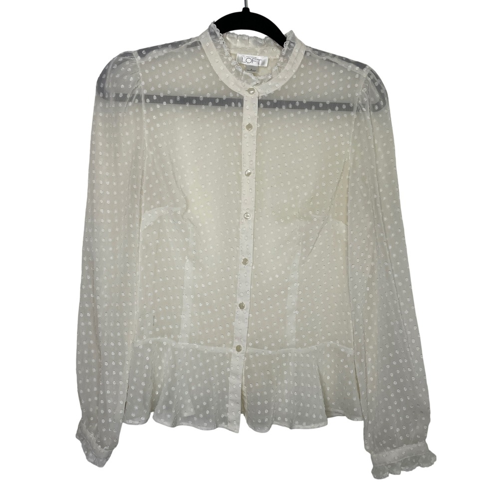 Ann Taylor LOFT Blouse Womens 6 Cream Swiss Dot Ruffle Peplum Top